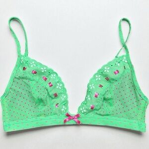 Intimissie Lace & Mesh Eyelet Trim Polka Dot Bralette in Green & Pink size Small